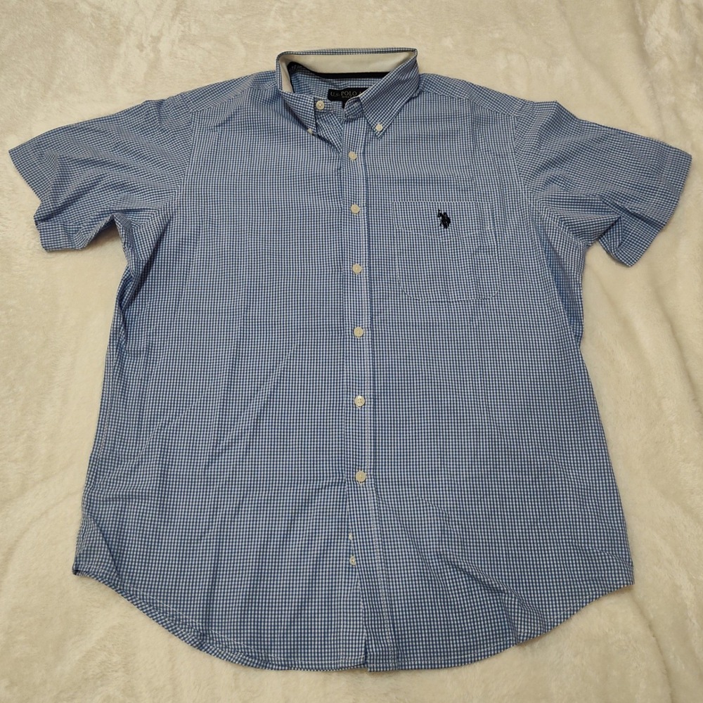 US Polo Assn Mens Blue Gingham Short Sleeve Button Down Shirt Large‎ 119332P8